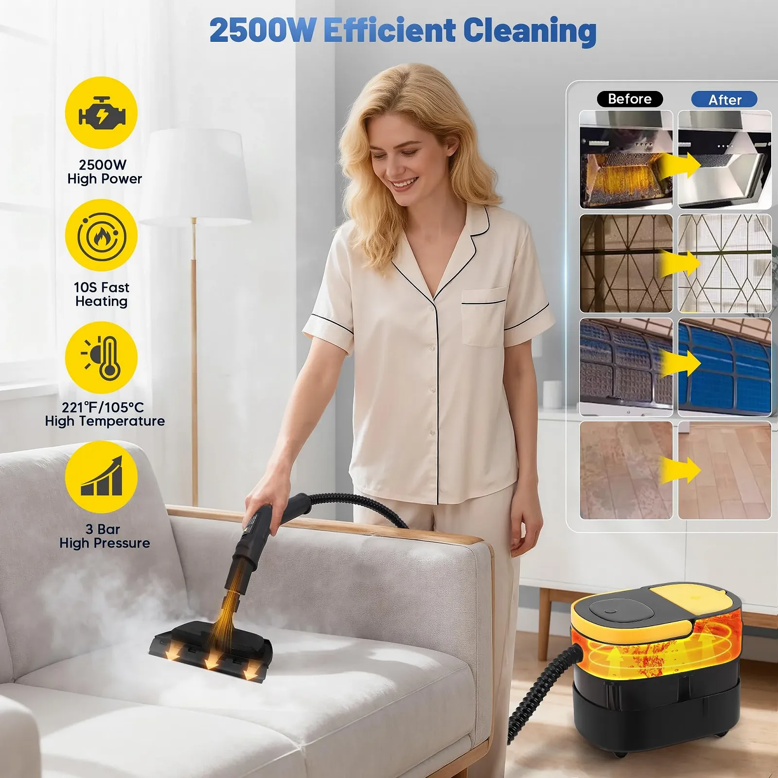 Пароочисник 2500W 1.6L 10 секунд нагрівання 3 рівні регулювання з аксесуарами, фото №3 Пароочисник 2500W 1.6L 10 секунд нагрівання 3 рівні регулювання з аксесуарами, фото №3