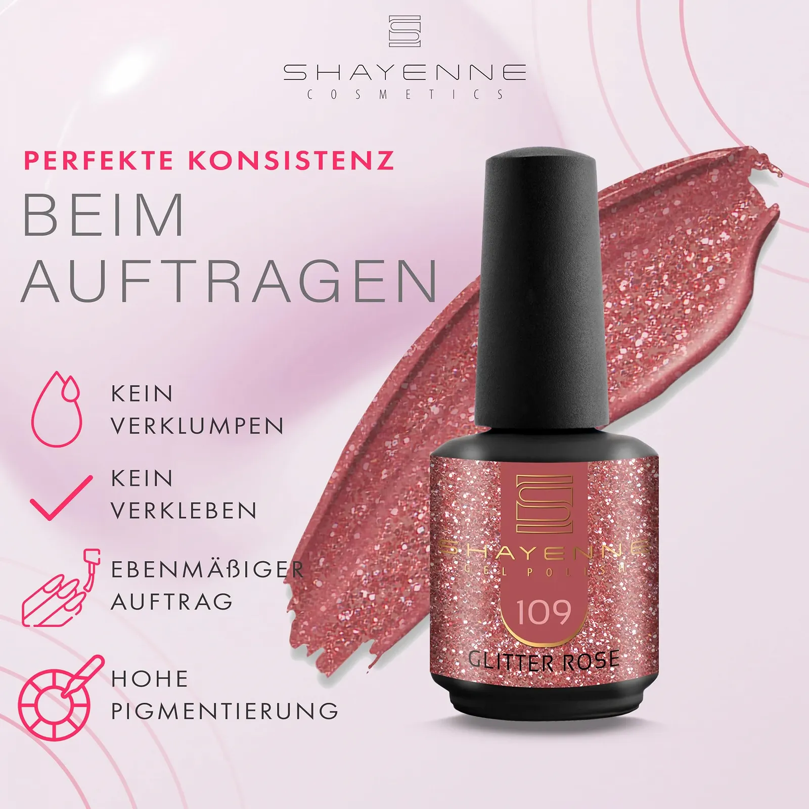 Гель-лак Shayenne Glitter Rose Pink 109, 15 мл, фото №5 Гель-лак Shayenne Glitter Rose Pink 109, 15 мл, фото №5