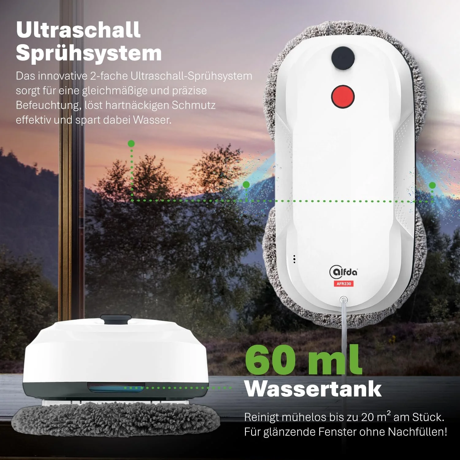 Робот для миття вікон alfda AFR230 з функцією подвійного розпилення, інтелектуальною навігацією та дистанційним керуванням, для внутрішніх і зовнішніх вікон, резервуар 60 мл, сумка для зберігання, 8 серветок, фото №5 Робот для миття вікон alfda AFR230 з функцією подвійного розпилення, інтелектуальною навігацією та дистанційним керуванням, для внутрішніх і зовнішніх вікон, резервуар 60 мл, сумка для зберігання, 8 серветок, фото №5