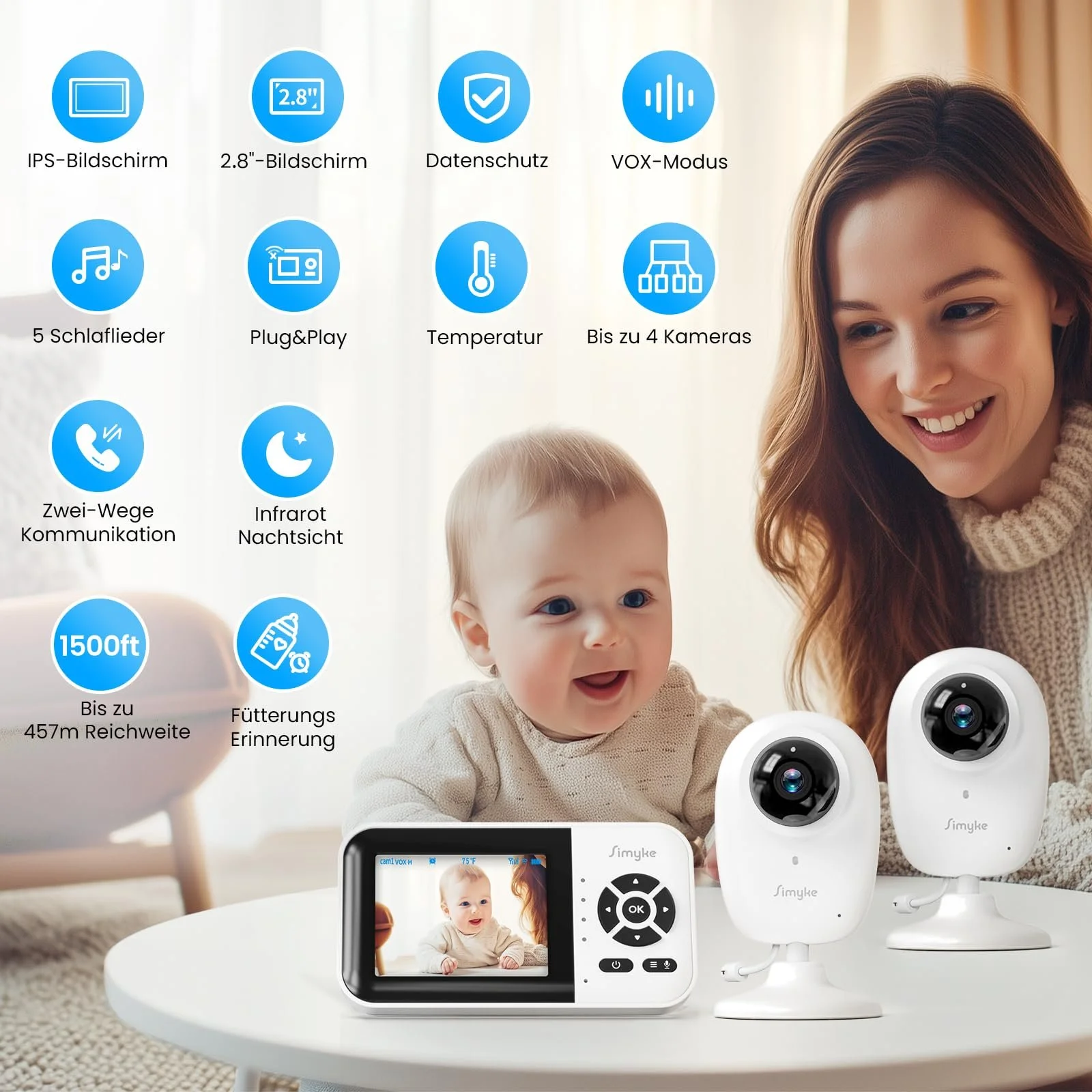 Видеоняня Simyke Smart BabyMonitor 1080p 2 камеры WiFi 2.4 GHz 300 м датчик температуры 2500 мАч, фото №2 Видеоняня Simyke Smart BabyMonitor 1080p 2 камеры WiFi 2.4 GHz 300 м датчик температуры 2500 мАч, фото №2
