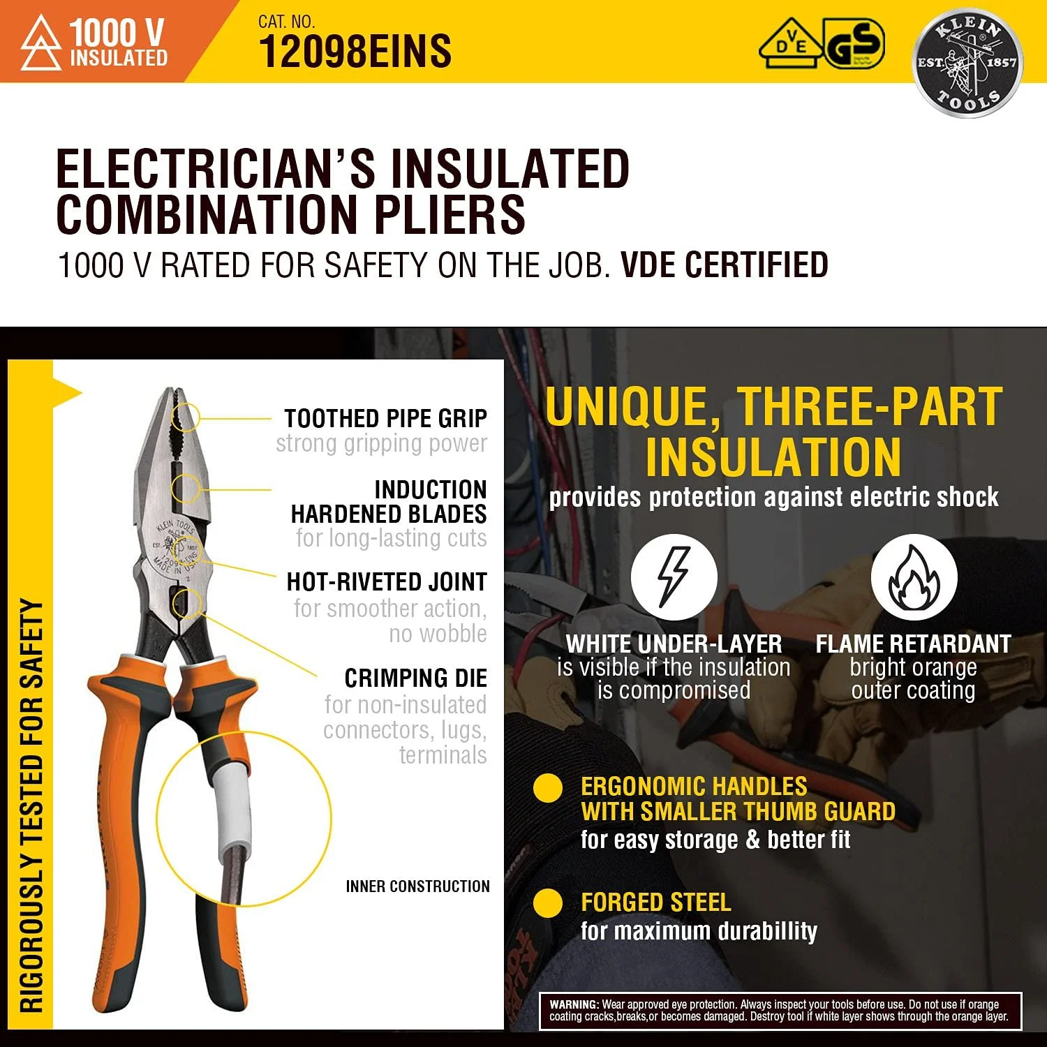 Изолированные комбинированные плоскогубцы Klein Tools 200028EINS, 1000 В, фото №4