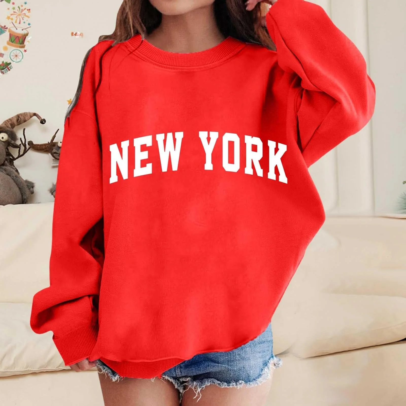 Джемпер Generisch с графическим принтом для девочки, круглый вырез, длинные рукава, милый пуловер с приспущенным плечом, фото №2