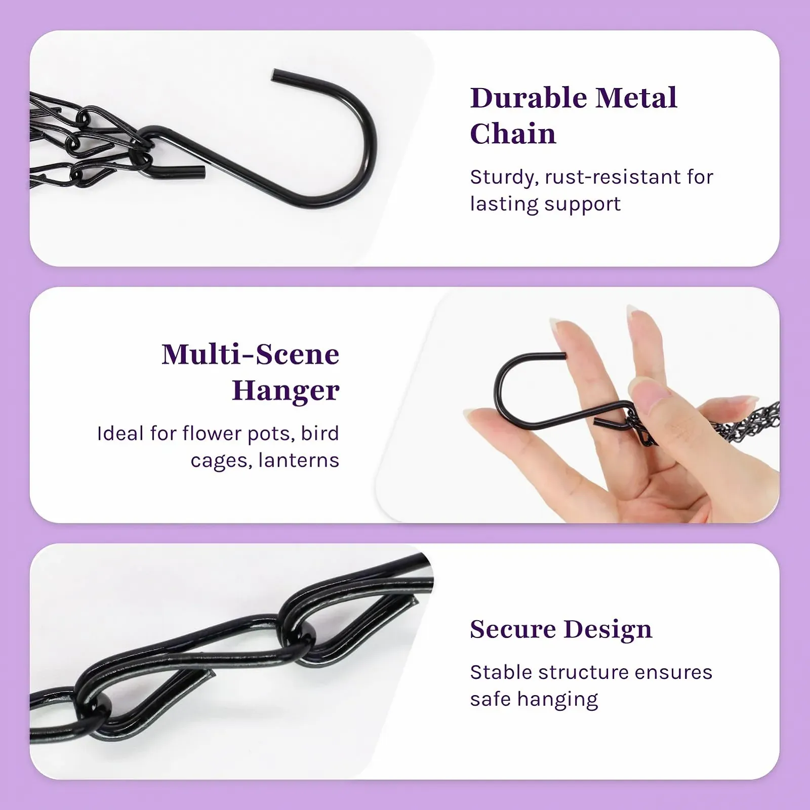 Ланцюги для підвісних кошиків Набір із 3 штук Метал Чорний, фото №5