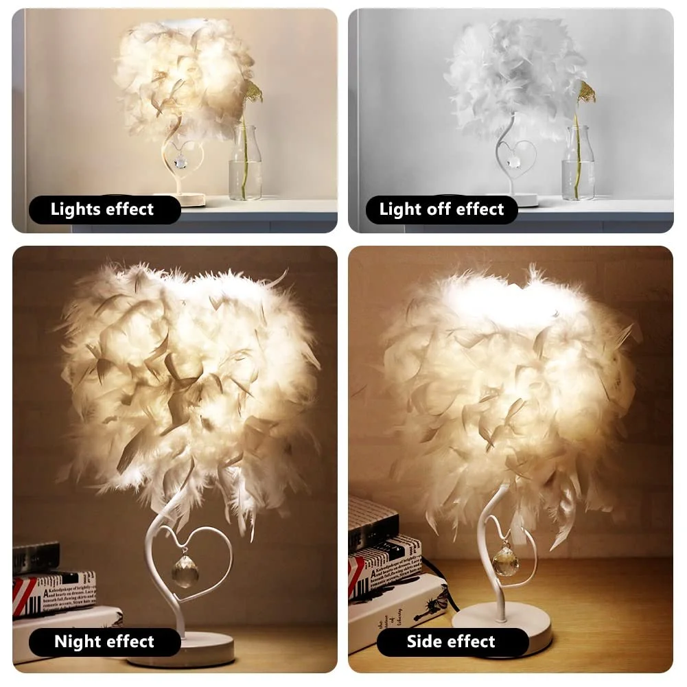 Настільна лампа E27 LED 3000-4000 K пір'яний плафон кришталева підвіска Біла, фото №4