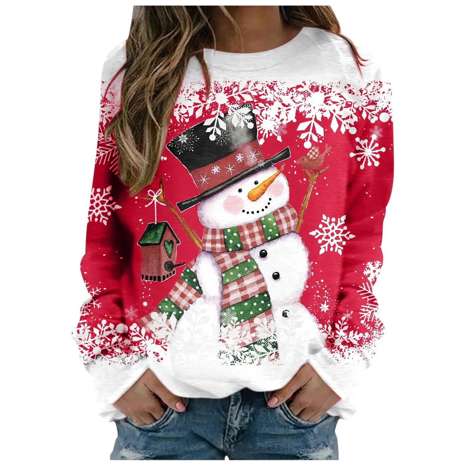 Рождественский Свитер Женский Рождественский Свитшот Снежинка Графика Длинный Рукав Рождественский Верх Круглый Вырез Рождественская Рубашка с Длинным Рукавом Женщины Девушки, фото №2