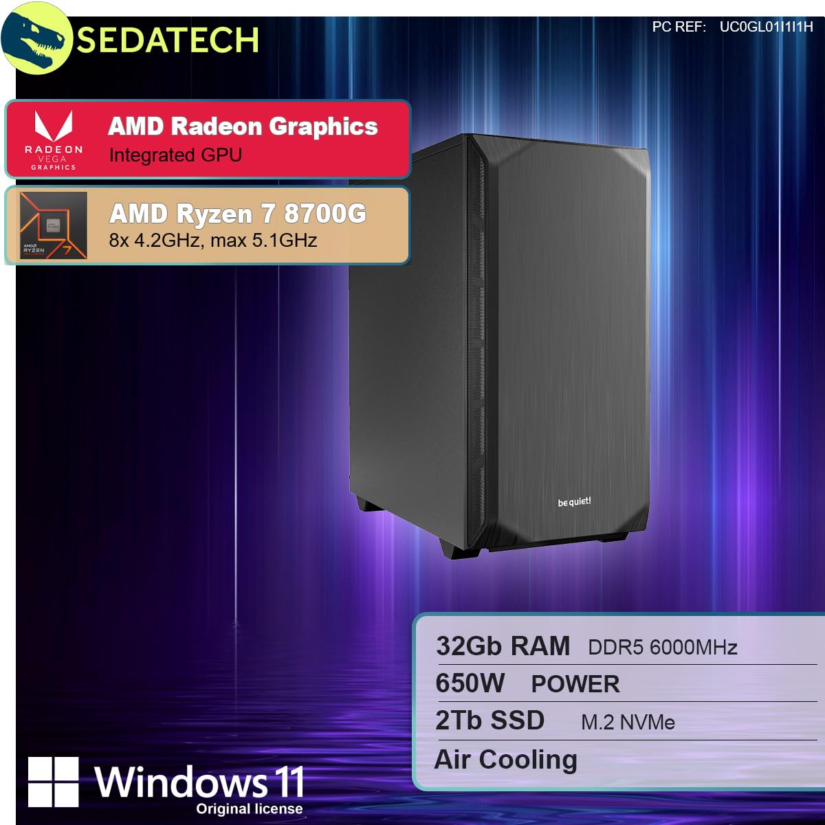 Настільний ПК Sedatech Silent Gaming AMD Ryzen 7 8700G Radeon Vega 32GB DDR5 2TB SSD M.2 Windows 11, фото №2