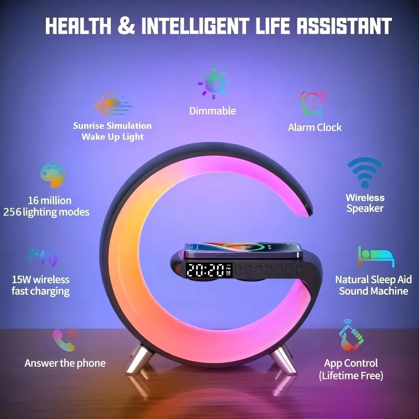 Умная настольная лампа Smart LED 4-в-1 Беспроводная зарядка Будильник Bluetooth-колонка App Control, фото №6