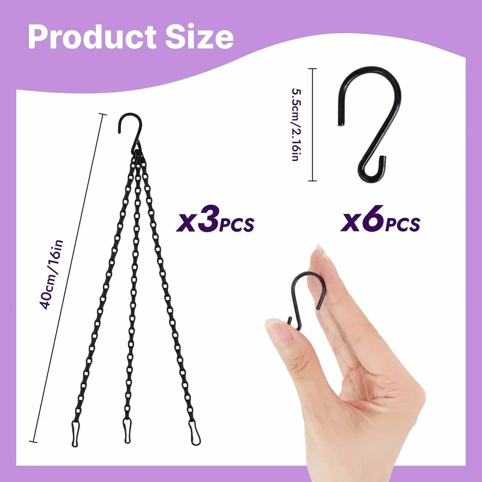 Ланцюги для підвісних кошиків Набір із 3 штук Метал Чорний, фото №2
