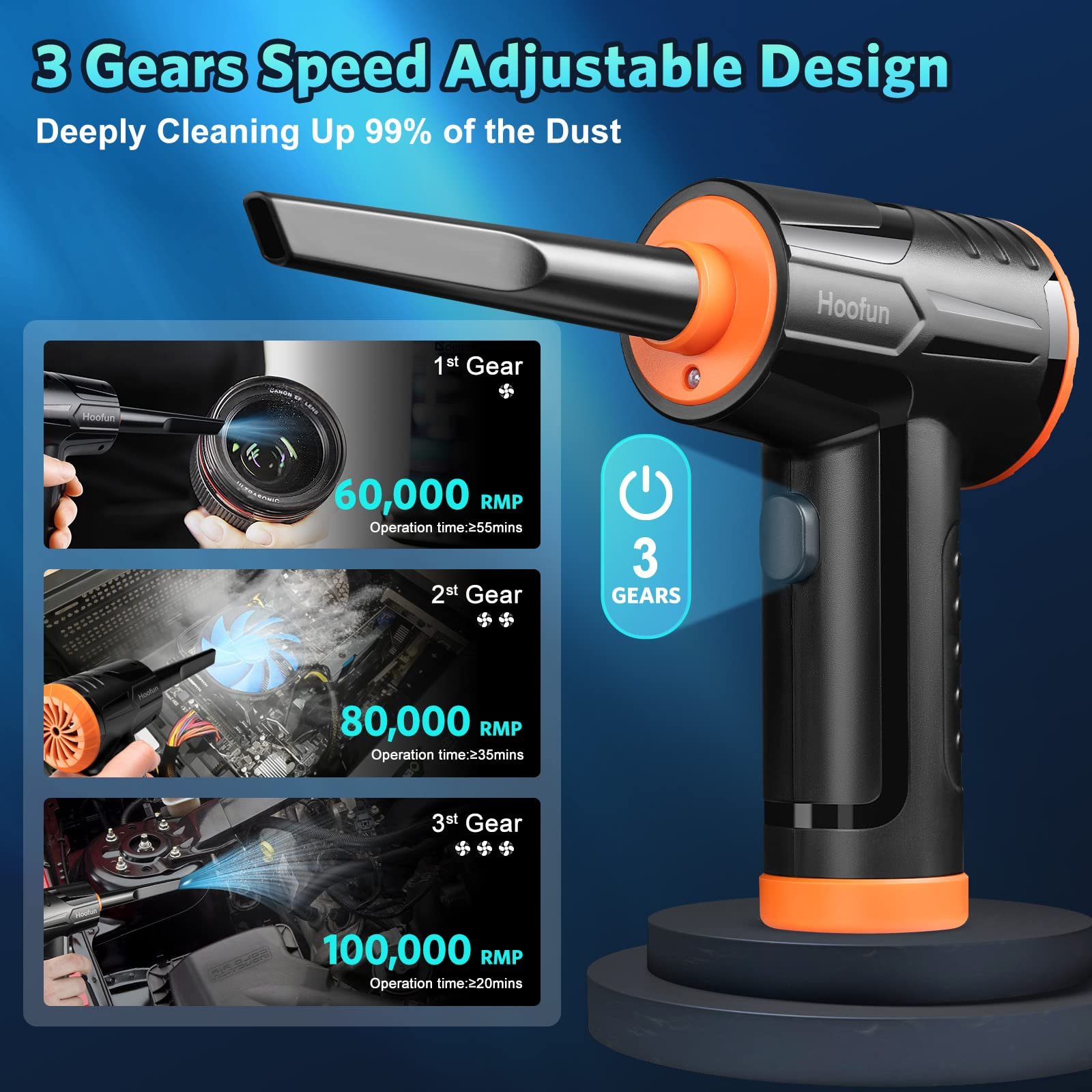 Электрический воздуходувка Hoofun 100,000 rpm 3 скорости 7600 mAh LED, фото №3