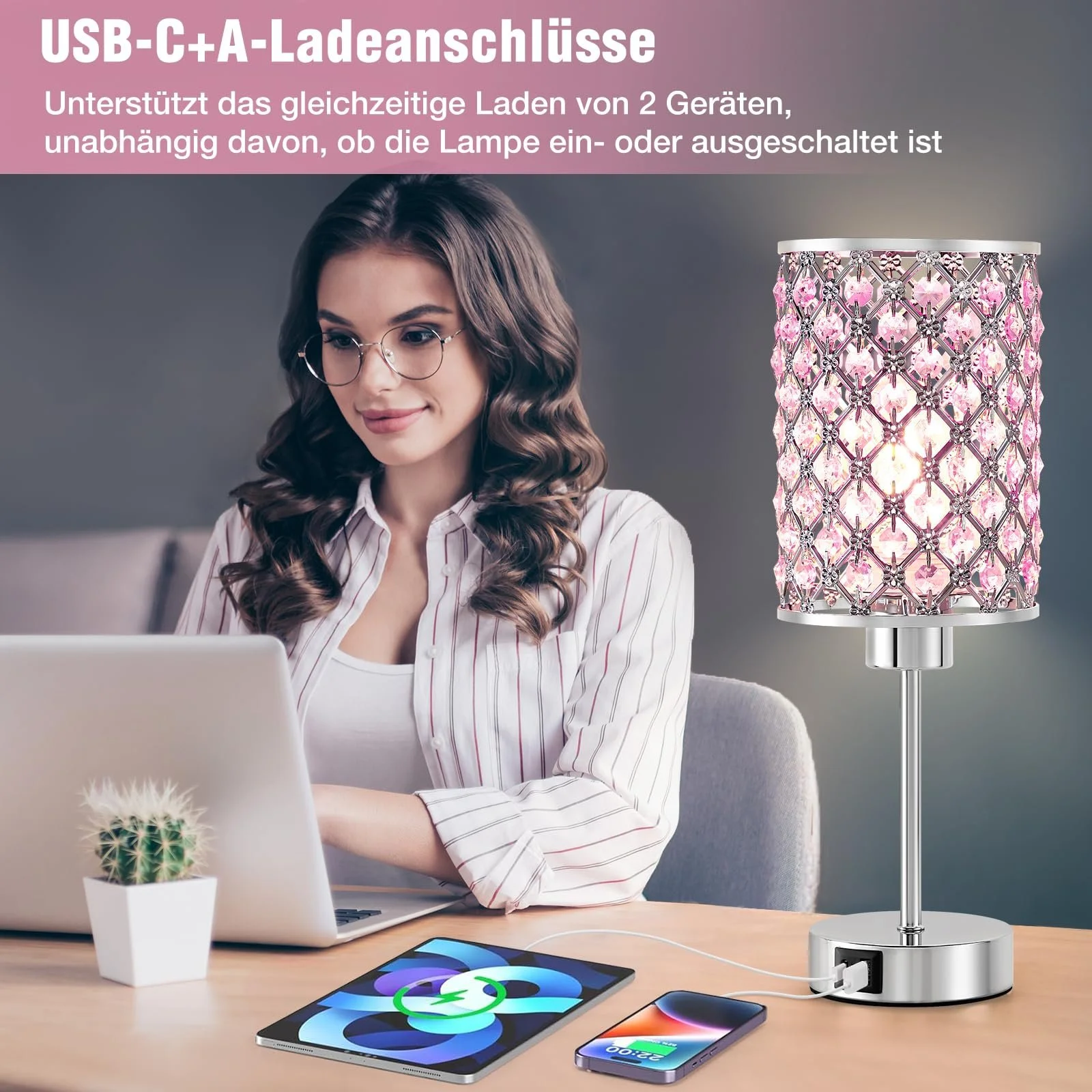 Настільна лампа GyroVu Кришталева Сенсорна з USB A+C портами Димована (лампа в комплекті) Рожевий, фото №4