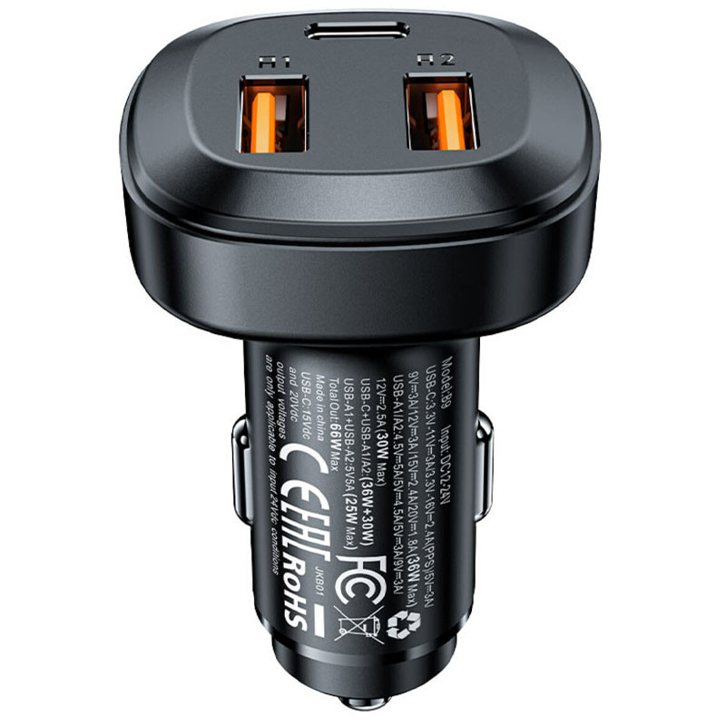АЗУ Acefast B9 66W (2USB-A+USB-C) three port metal car charger, фото №1