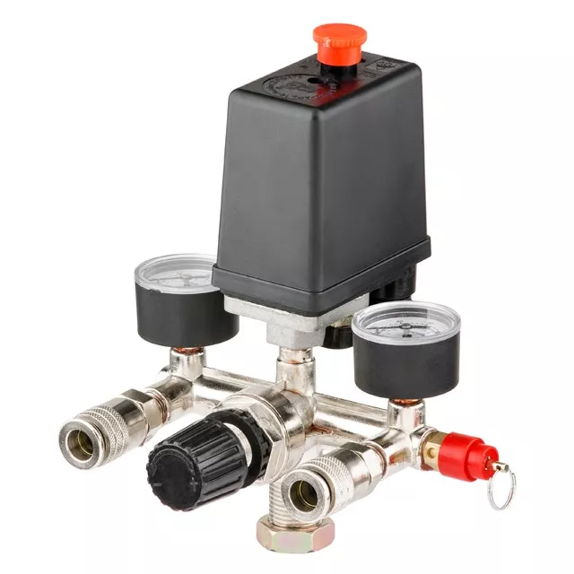 Прессостат 220В в сборе редуктор 2 манометра предохранительный клапан два выхода INTERTOOL PT-9094, фото №4