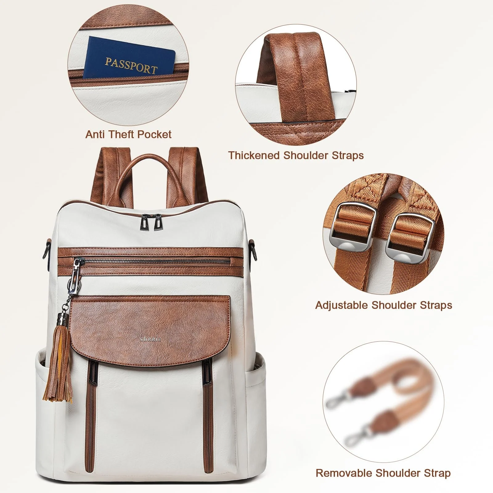 Рюкзак для ноутбука Shrrie 15.6 Inch Leather Carry On Water Resistant Beige with brown, фото №7 Рюкзак для ноутбука Shrrie 15.6 Inch Leather Carry On Water Resistant Beige with brown, фото №7