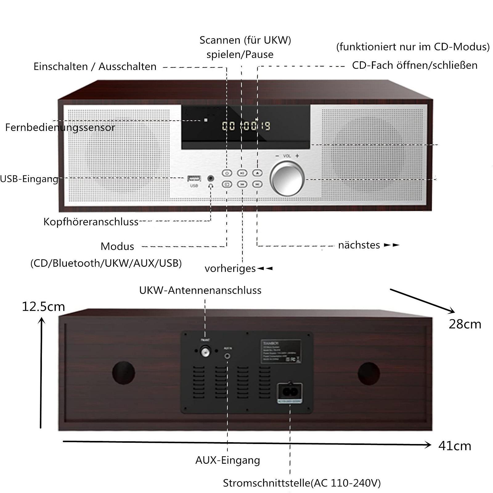 Вінтажна мікро Hi-Fi система CD стереосистема Mini Component 40 Вт RMS FM/Bluetooth-сумісний/USB/AUX/Дистанційне керування/Роз'єм для навушників, сумісний із джерелом звуку високої роздільної здатності, сріблястий, дерево, фото №6