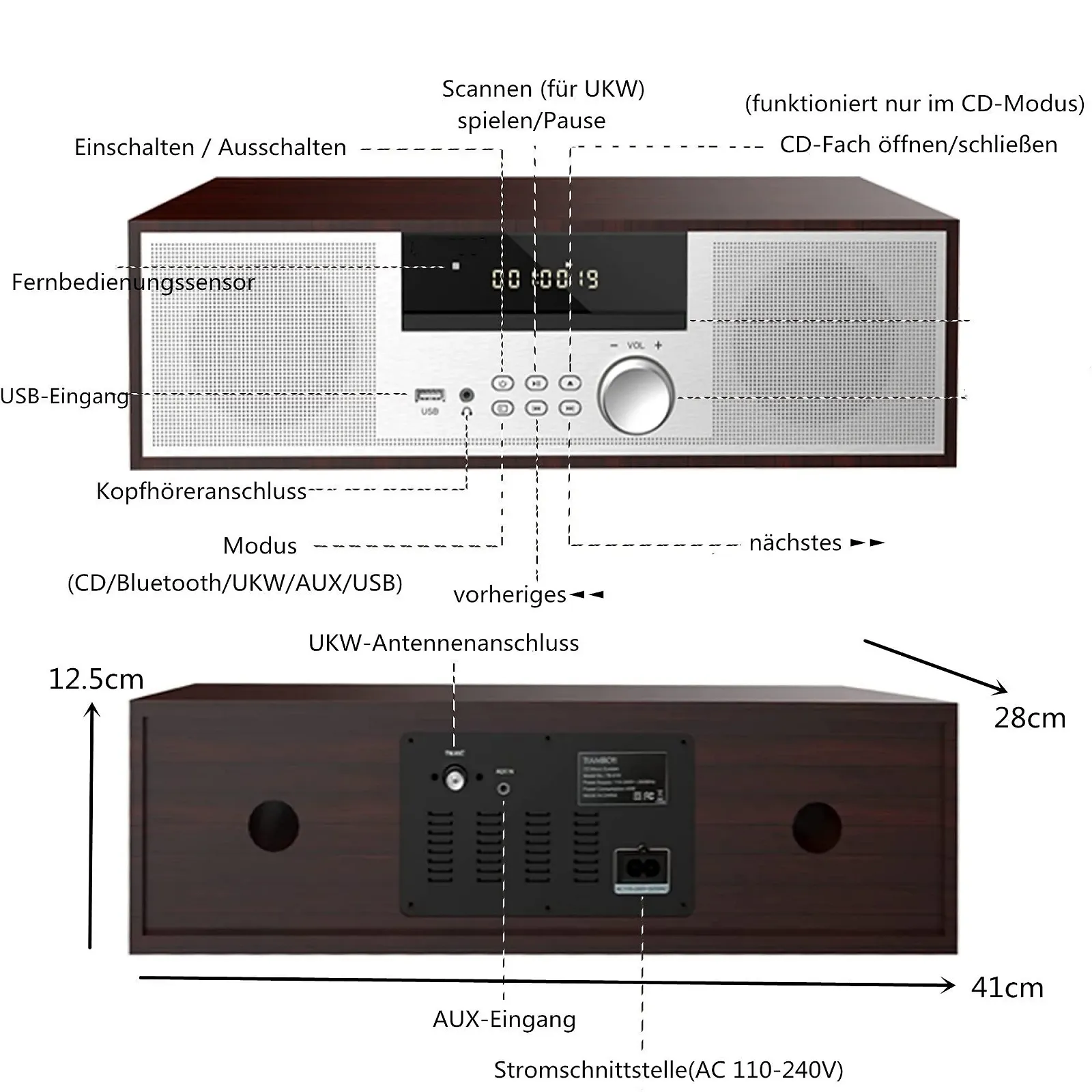 Винтажная микро Hi-Fi система CD стереосистема Mini Component 40 Вт RMS FM/Bluetooth-совместимый/USB/AUX/Дистанционное управление/Разъем для наушников, совместимый с источником звука высокого разрешения, серебристый, дерево, фото №6