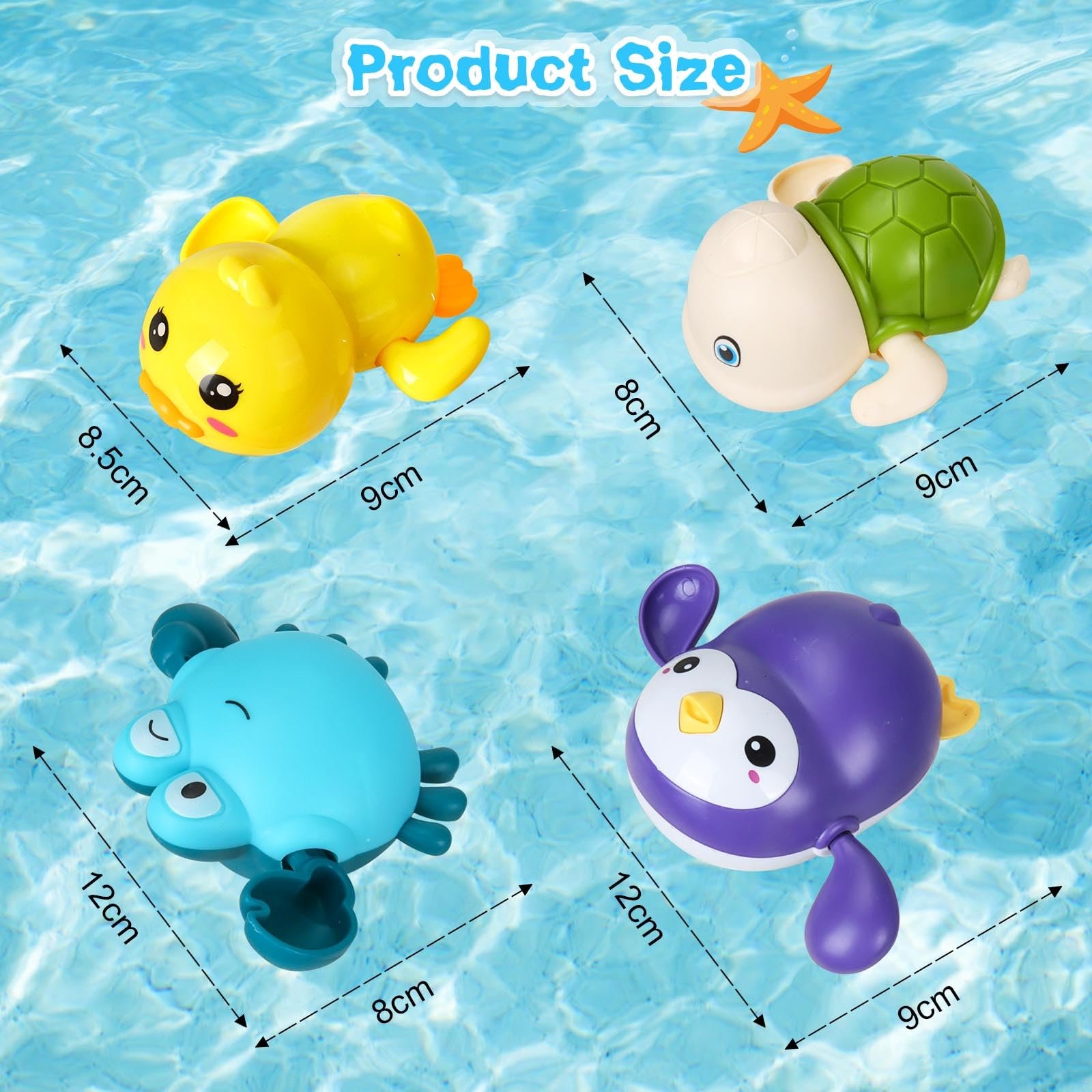 Набір іграшок для ванни, заводний механізм, Качка, Черепаха, Краб, Пінгвін, для дітей від 1 до 4 років, фото №2