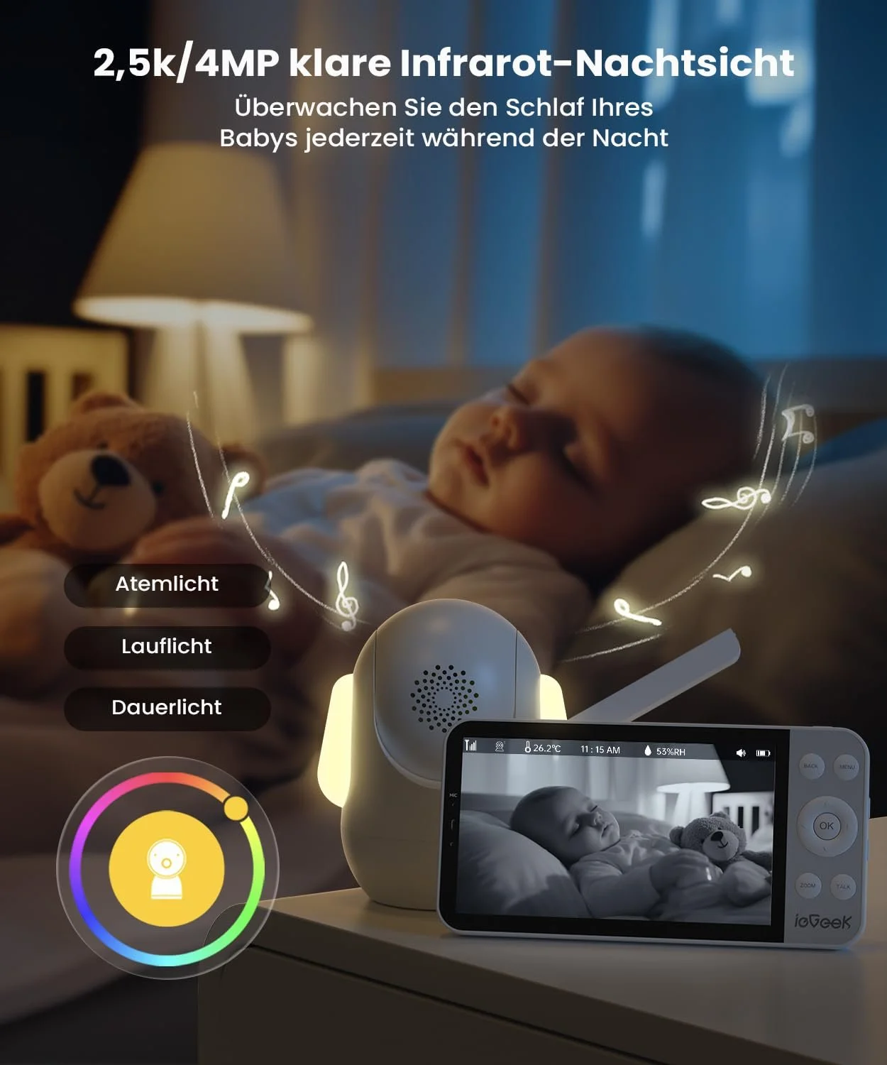 Відеоняня ieGeek 2.5 K/4MP 5.5 дюйма WiFi PTZ 360°/100° AI Detection, фото №6