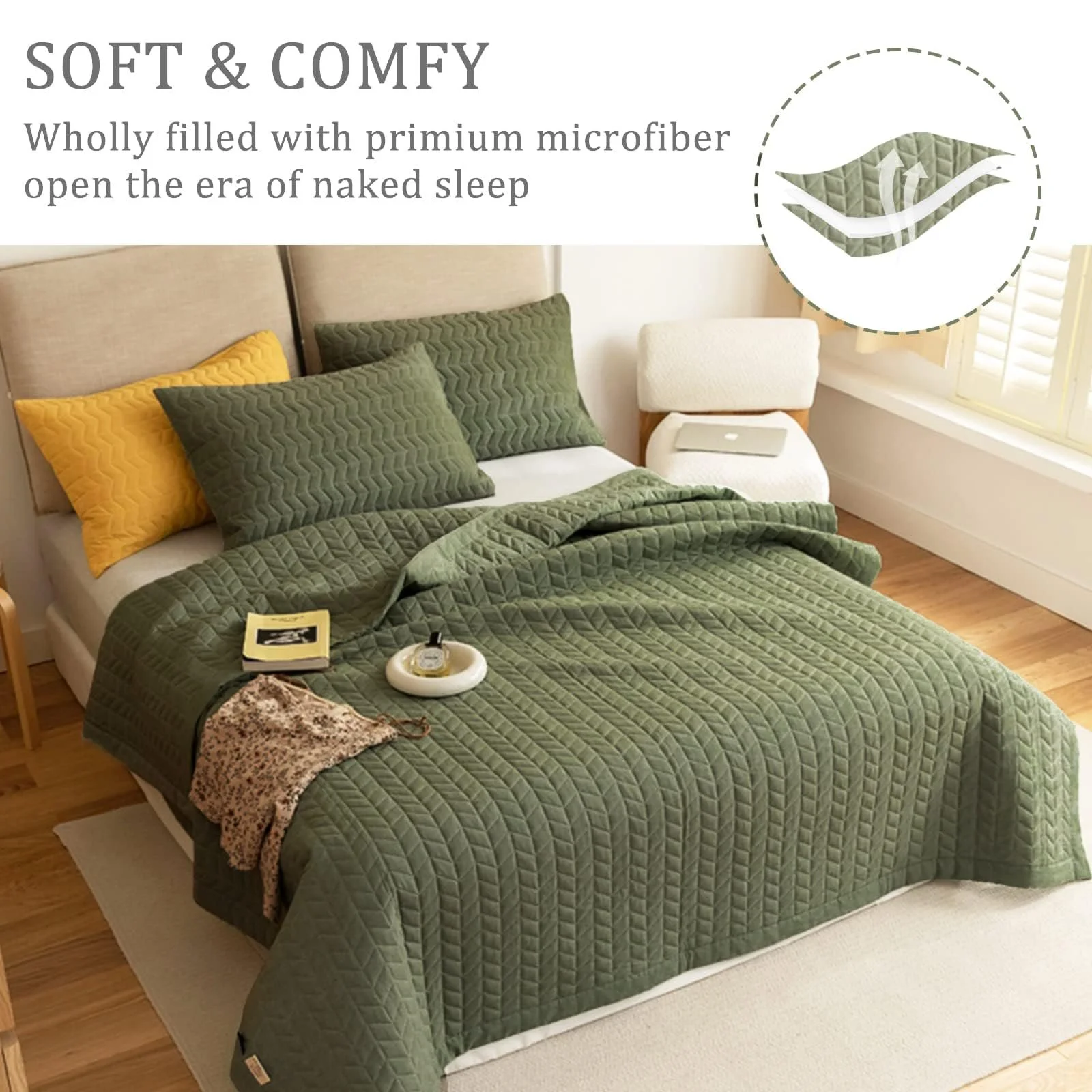 Покривало King Size Lunoroey Мікрофібра М'яке Легке Стьобане Всесезонний Набір Зелений (1 ковдра, 2 наволочки), фото №2