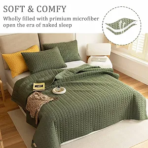 Покривало King Size Lunoroey Мікрофібра М'яке Легке Стьобане Всесезонний Набір Зелений (1 ковдра, 2 наволочки) synthetic.ua - Фото 1