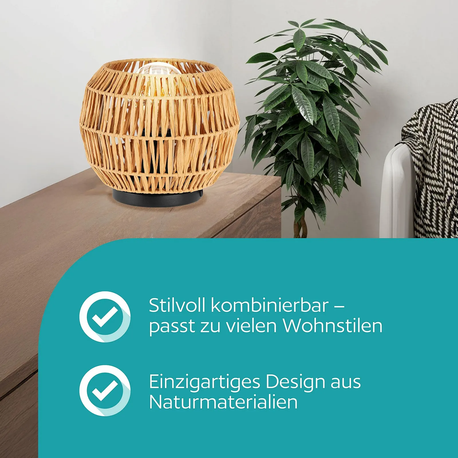 Настільна лампа EGLO Sheldon E27 з паперу рафії Ø 21 см, фото №2