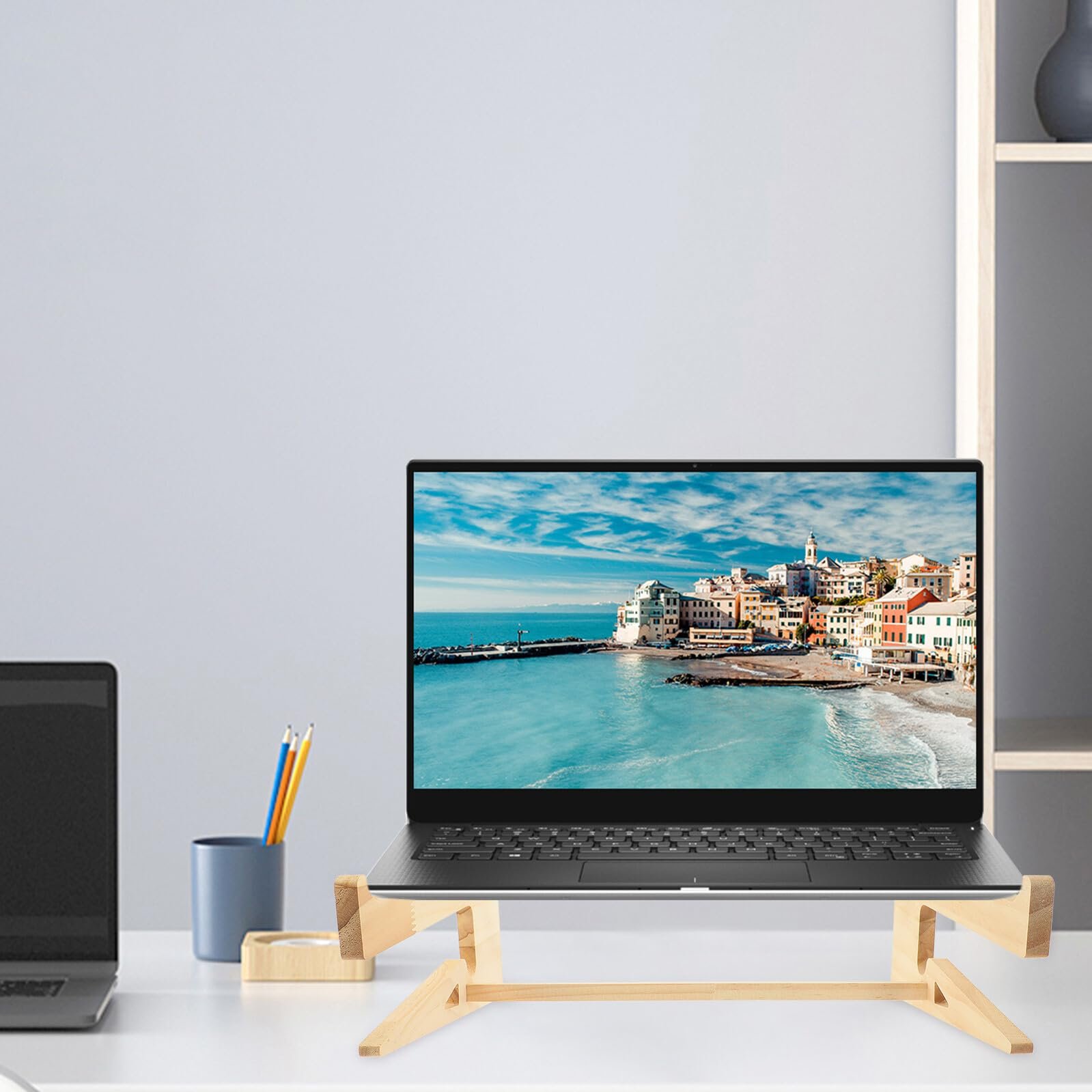 Деревянная подставка для ноутбука портативная, подставка-держатель для ноутбука, прочная подставка для клавиатуры ноутбука, приподнятая настольная подставка для ноутбуков, вентилируемая и без царапин, эргономичная для комфортного набора текста, фото №3