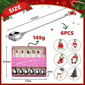Набор рождественских ложек, 6 штук, кофейные ложки, нержавеющая сталь, длинная ложка с рождественским кулоном, рождественское украшение стола, рождественские столовые приборы, ложка для перемешивания рождественского десертного чая с подарочной коробкой synthetic.ua - Фото 1