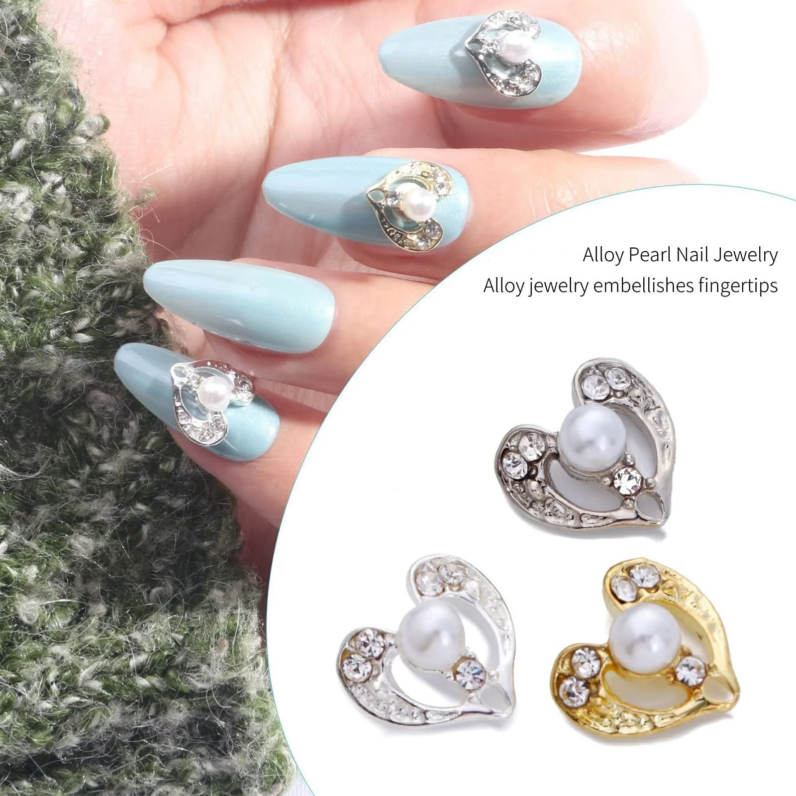 Аксессуары для дизайна ногтей Стразы 3D Блестки Стразы для ногтей Бусины Сплав 10шт Бусины Кристалл Сердце Любви Серебро, фото №5