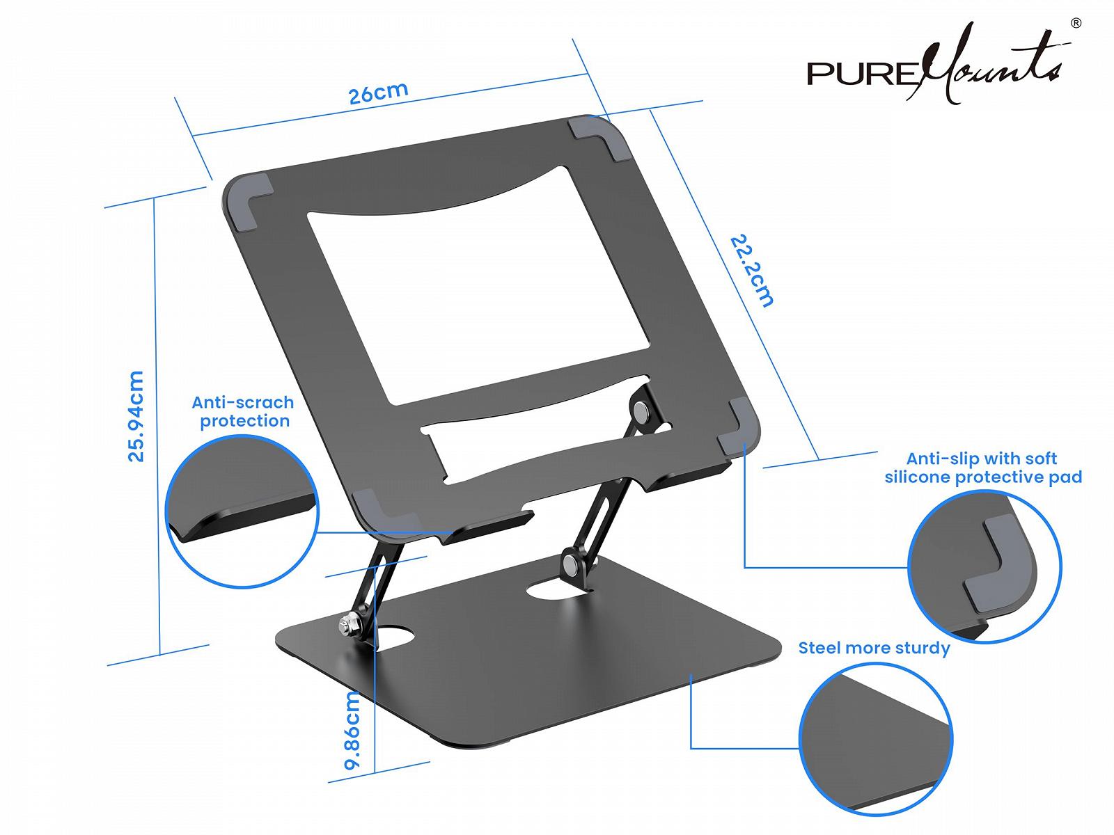 Подставка для ноутбука PureMounts, регулируемая по высоте, складная и эргономичная подставка для ноутбука для домашнего офиса, плавно регулируемая, подставка для ноутбука с вентиляцией, нескользящие накладки, черная, фото №8 Подставка для ноутбука PureMounts, регулируемая по высоте, складная и эргономичная подставка для ноутбука для домашнего офиса, плавно регулируемая, подставка для ноутбука с вентиляцией, нескользящие накладки, черная, фото №8
