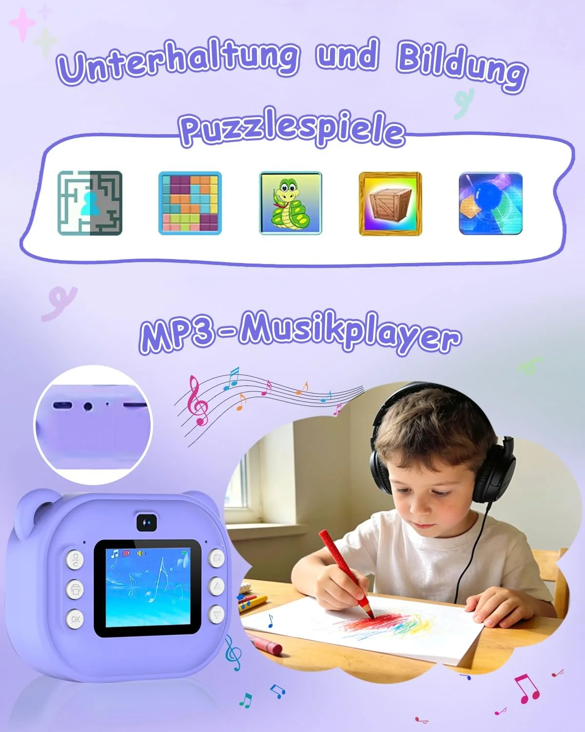 Детская камера мгновенной печати 1080P Dual Lens 2 дюйма 32GB Фиолетовая, фото №6