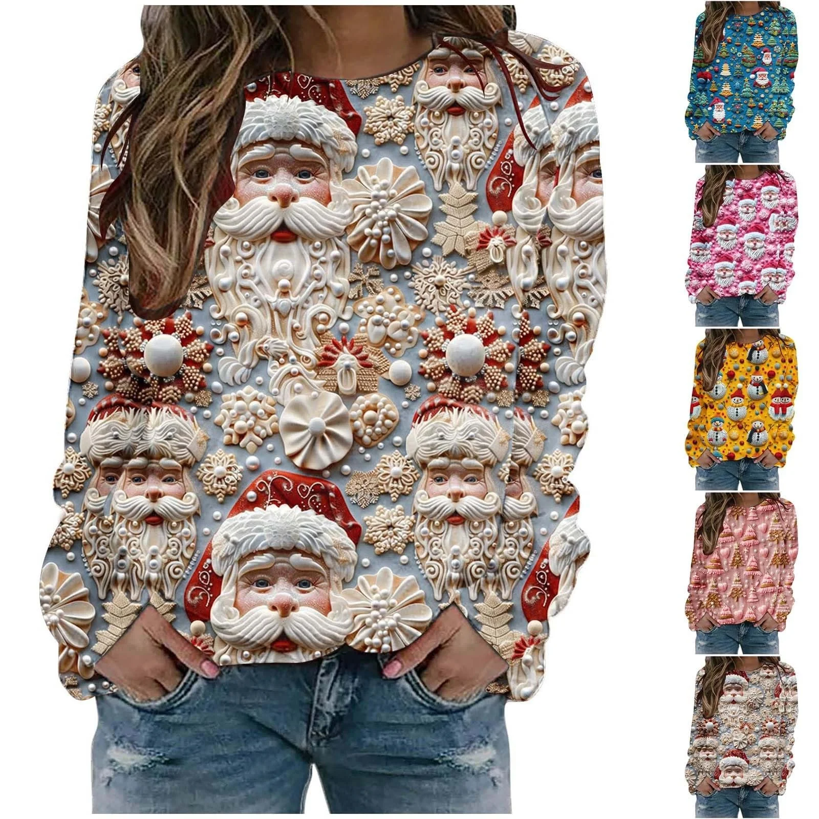 Женский Свитшот Generico Санта Клаус 2024 Рождественский Свитшот Женская Рождественская большая футболка с принтом Рождественские топы с длинными рукавами Рождественский джемпер Женский зимний Свитшот с оленями Рождество, фото №6