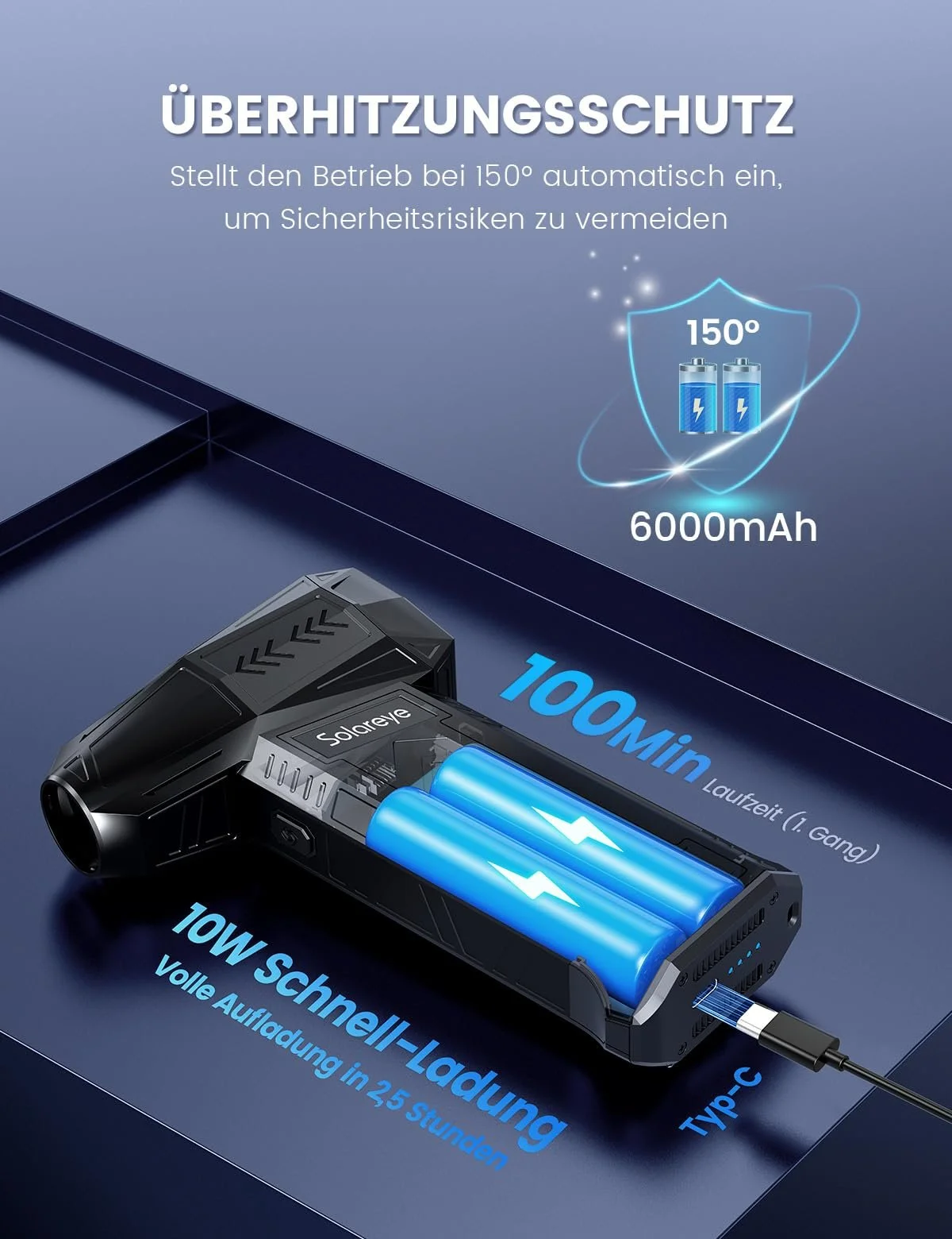 Електрична повітродувка Solareye 3 швидкості 180,000 RPM 6000 mAh з щіткою для чищення та USB швидкою зарядкою, фото №5 Електрична повітродувка Solareye 3 швидкості 180,000 RPM 6000 mAh з щіткою для чищення та USB швидкою зарядкою, фото №5