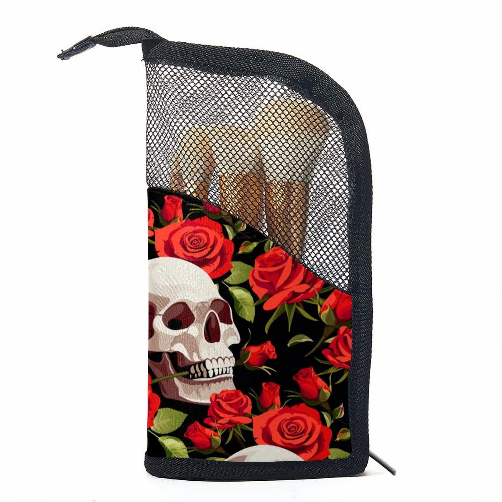 Набір пензлів для макіяжу з сумкою-органайзером Halloween Skull Red Rose, 12 штук, Colored-2075, фото №1
