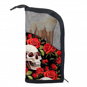Набір пензлів для макіяжу з сумкою-органайзером Halloween Skull Red Rose, 12 штук, Colored-2075 - Фото 1