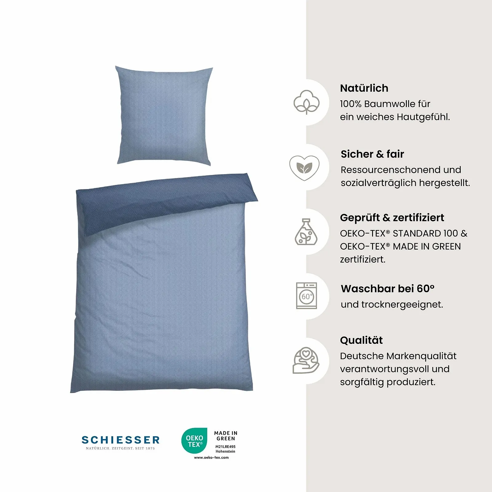 Комплект постільної білизни Schiesser Silva 2 предмети Renforcé 100% бавовна 135 x 200 см 80 x 80 см синій, фото №2