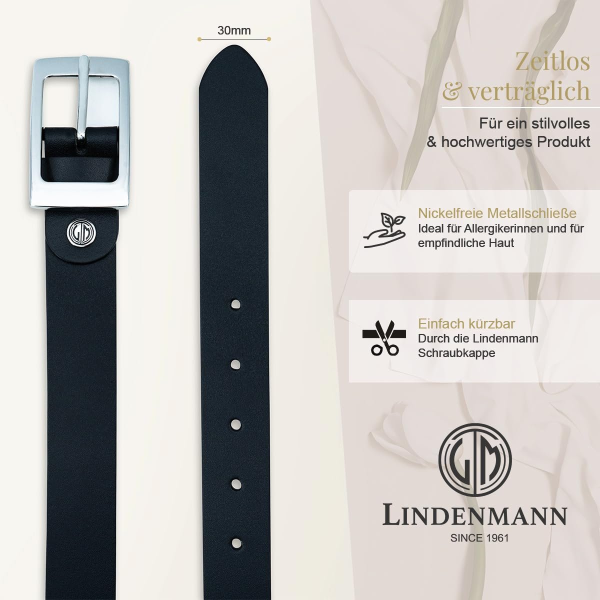 Женский кожаный ремень LINDENMANN 30 мм, из цельной коровьей кожи, черный, фото №3