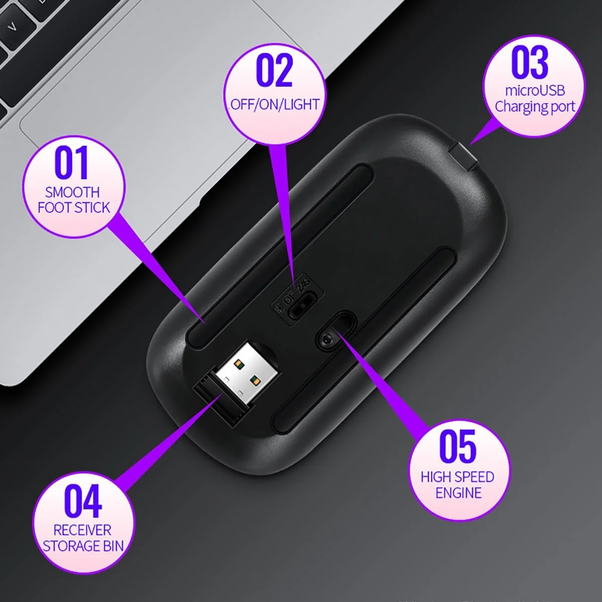 Мышь Беспроводная Bluetooth Перезаряжаемая Эргономичная 3DPI 2.4G с USB Приемником 7 Цветной Подсветкой, фото №4