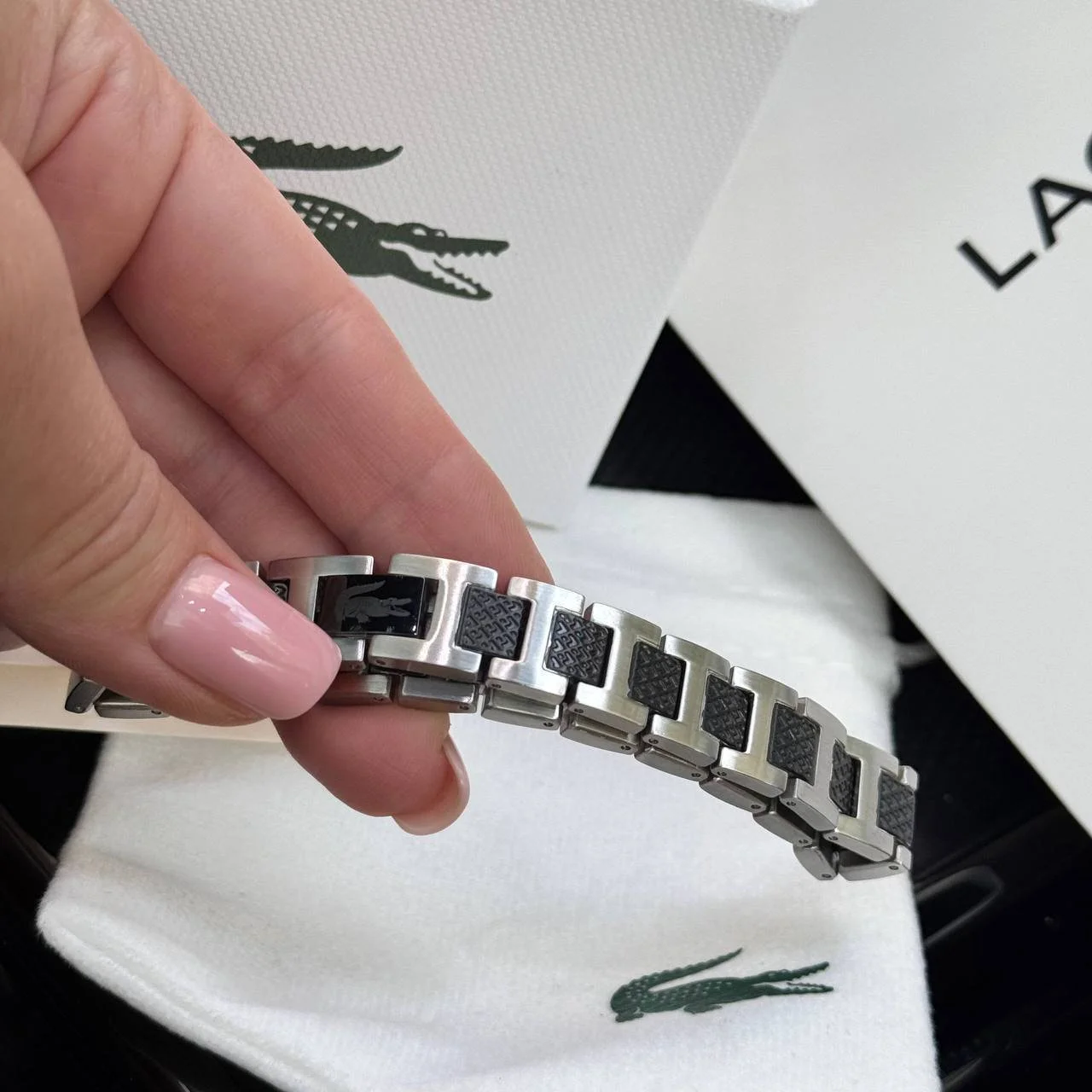 Браслет мужской черный из нержавеющей стали на руку Lacoste, фото №5