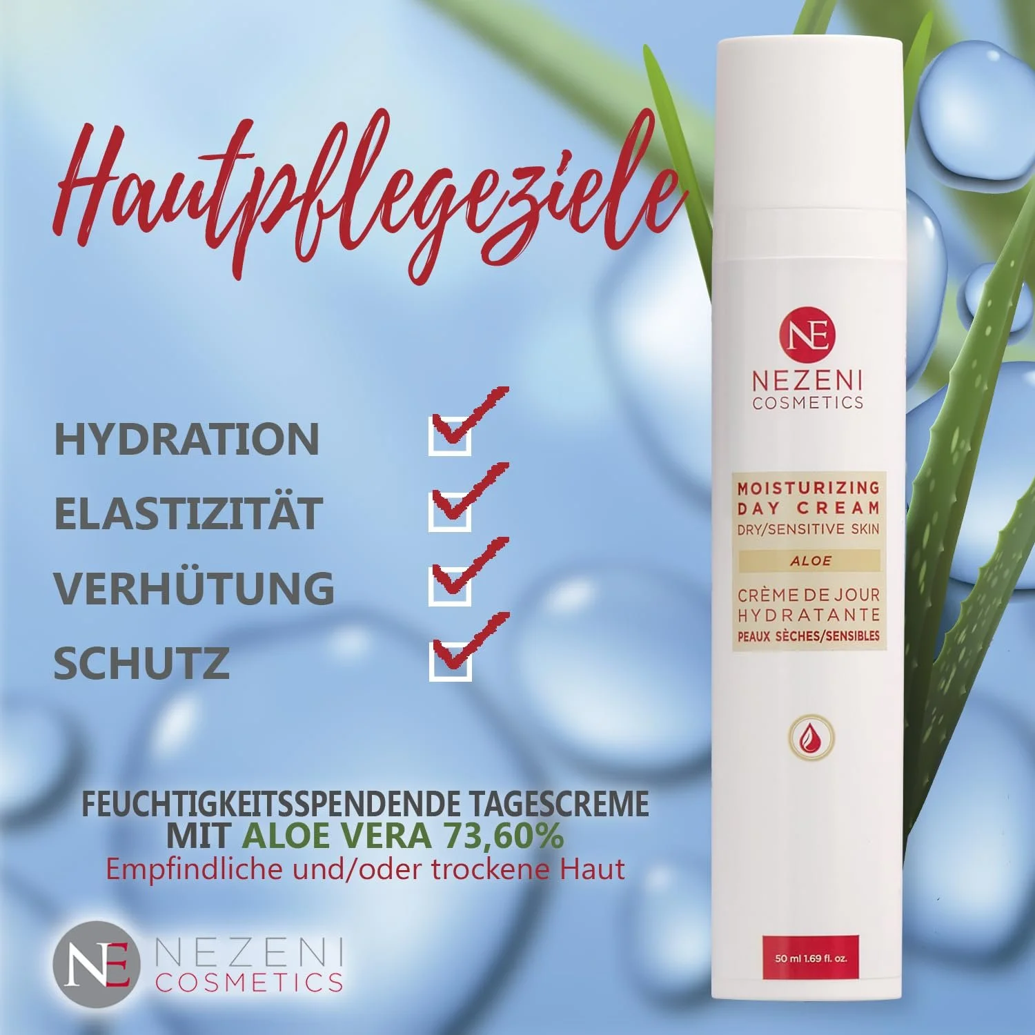 Денний крем Nezeni Aloe Vera 75.70% для сухої та чутливої шкіри зволожувальний з 18 активними інгредієнтами, фото №7