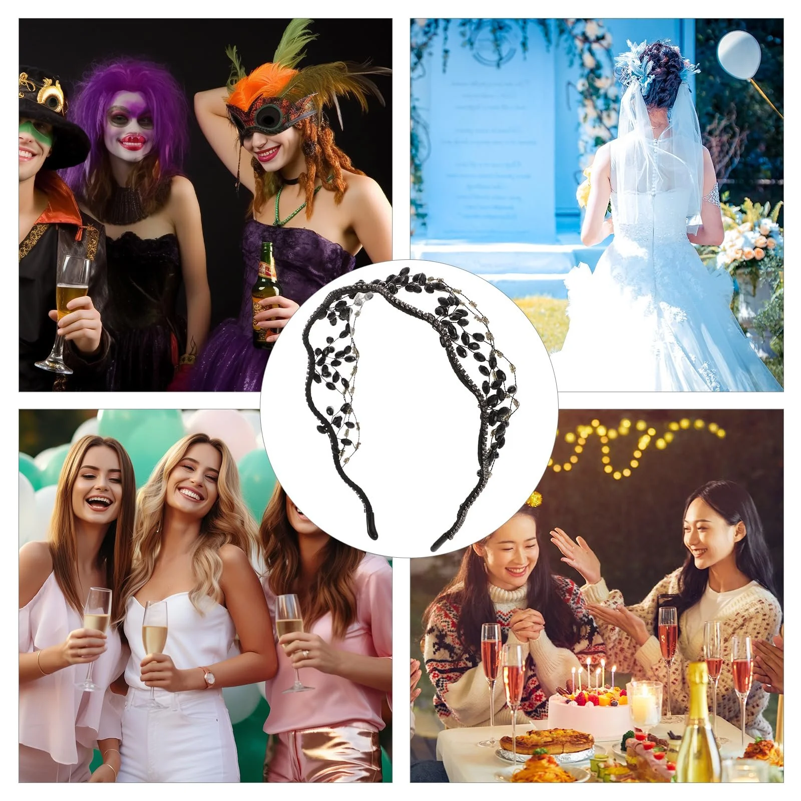 Обруч Lurrose Чорний з кристалами, перлами, фото №6