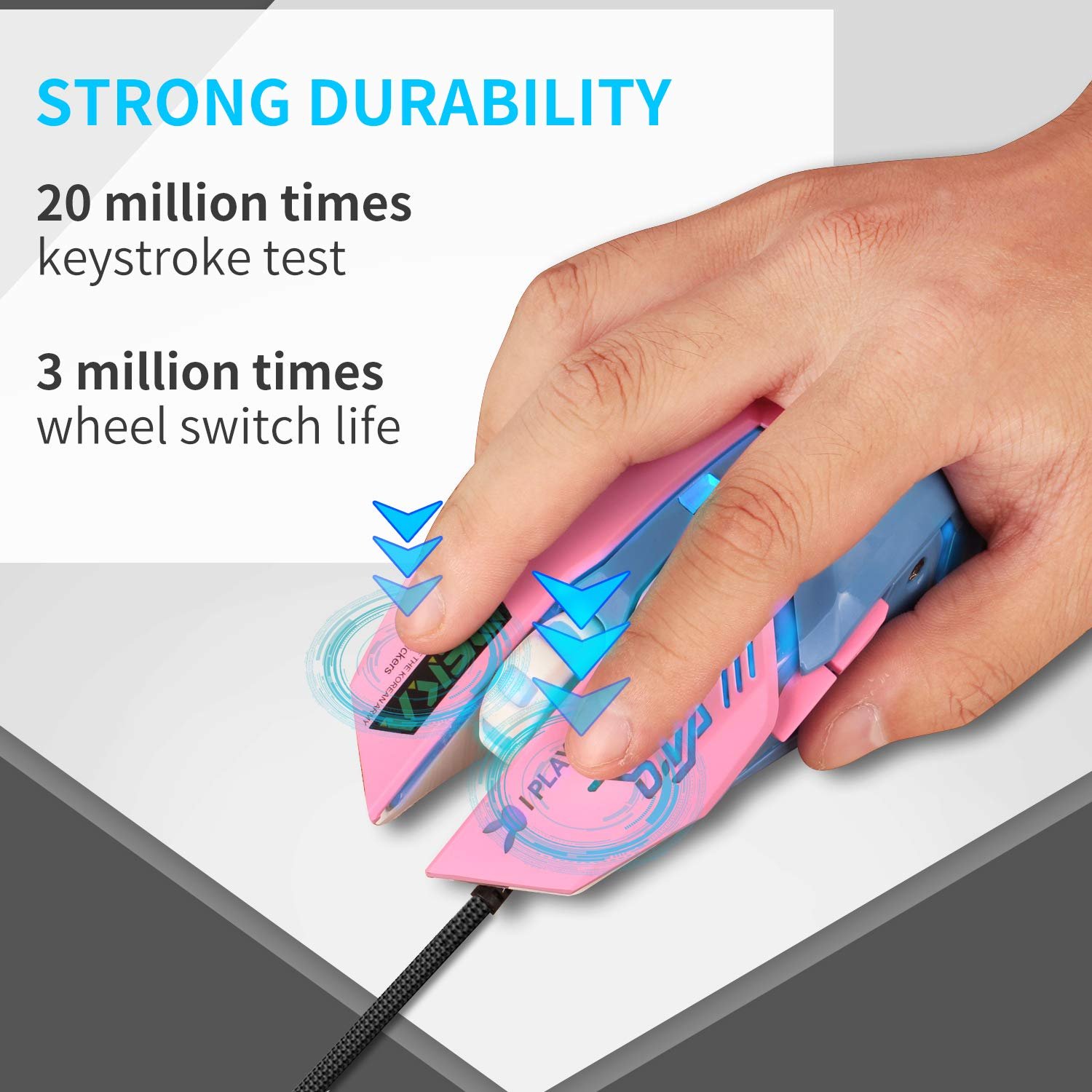 Мышь IULONEE Проводная Игровая USB Бесшумная 7 Цветов Оптическая 3200 DPI Розовая и Голубая, фото №4