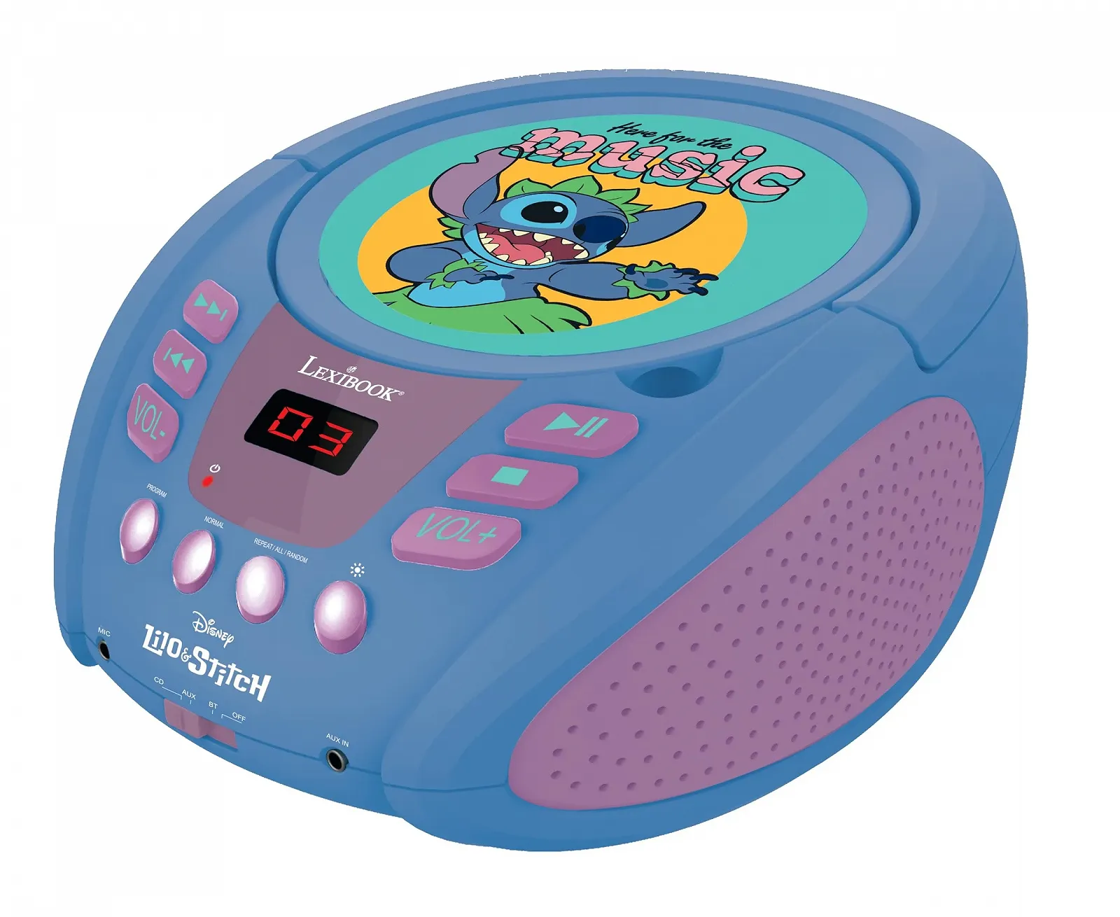 Музыкальная система Lexibook Disney Stitch RCD109D Bluetooth для детей, портативный, многоцветные световые эффекты, разъем для микрофона, Aux-in, питание от сети или батареек, синий, фото №2