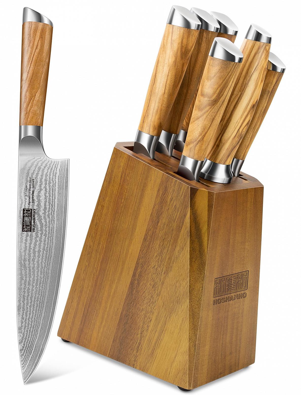 Набір ножів кухонних HOSHANHO Damask, 7 предметів, японська сталь VG-10 Super Steel, дамаська сталь, з ергономічною ручкою, у дерев'яному блоці та з точилкою, фото №1