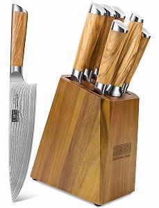Набір ножів кухонних HOSHANHO Damask, 7 предметів, японська сталь VG-10 Super Steel, дамаська сталь, з ергономічною ручкою, у дерев'яному блоці та з точилкою - Фото 1