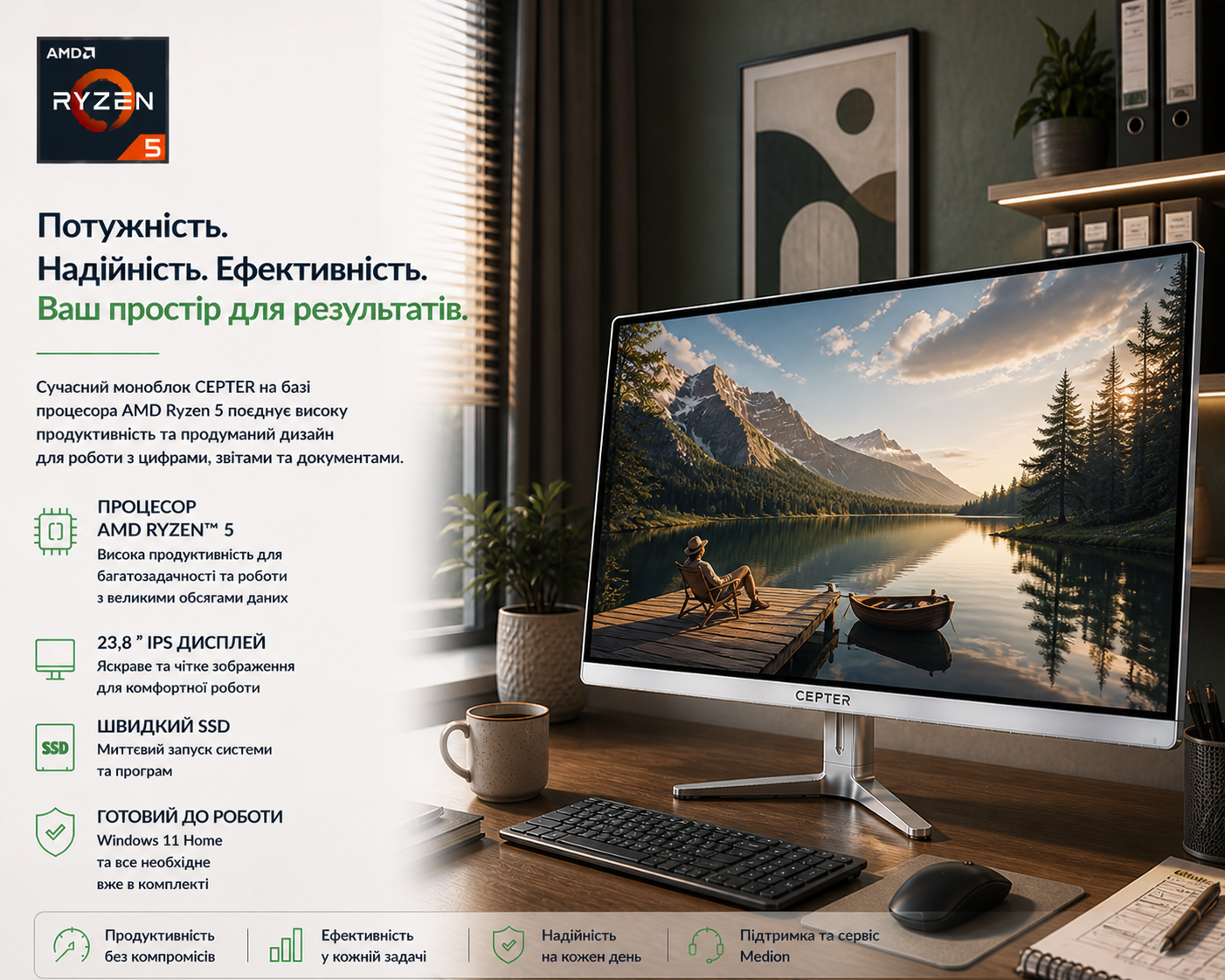 Моноблок 23.8" Medion (Lenovo Group) Cepter A440-03 | AMD Ryzen 5 3500U | IPS (1920x1080) FullHD | RAM 8 ГБ | SSD 512 ГБ | AMD Radeon Vega 8 Graphics | Wi-Fi 5 | Тонкий корпус | Win11 (5208), фото №1