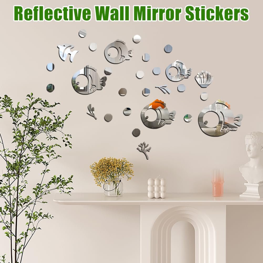 Акрилові дзеркальні наклейки на стіну Cute Fish and Bubbles 30 штук Silver, фото №3 Акрилові дзеркальні наклейки на стіну Cute Fish and Bubbles 30 штук Silver, фото №3