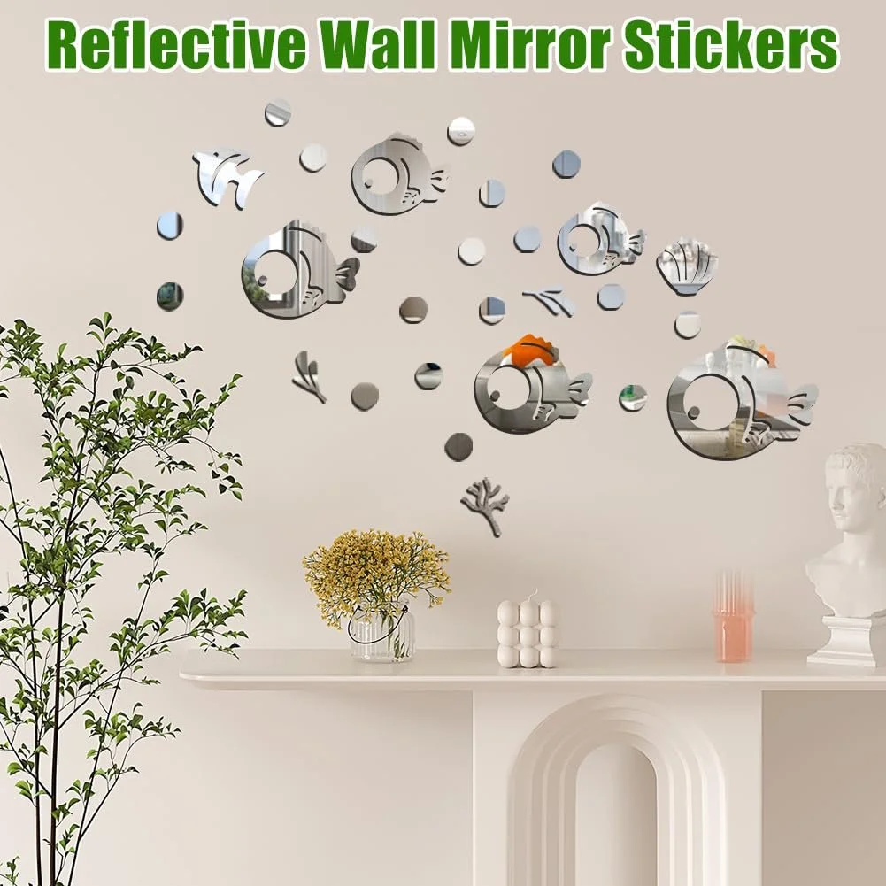 Акрилові дзеркальні наклейки на стіну Cute Fish and Bubbles 30 штук Silver, фото №3