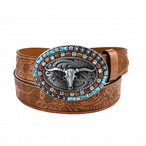 Шкіряний ремінь AGUTALITHIC з тисненням Longhorn Stier Blumengravur, срібляста бичача пряжка, 115 см synthetic.ua - Фото 1