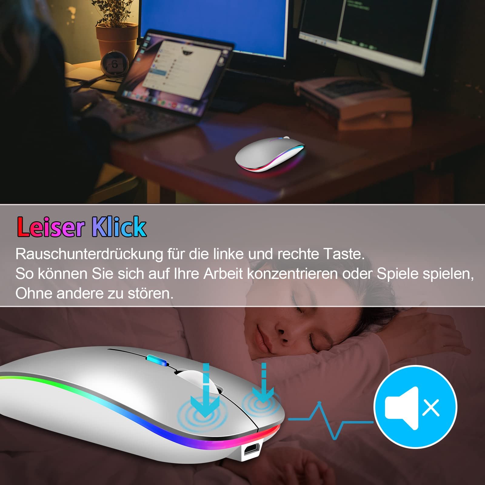 Мышь Bluetooth Беспроводная (Bluetooth 5.1 + USB 2.4 GHz) LED Двухрежимная Перезаряжаемая Оптическая Офисная Беспроводная Мышь для Ноутбука MacBook Air Pro, iPad, ПК, Компьютера, Настольного компьютера, Мышь с Адаптером USB C, фото №5