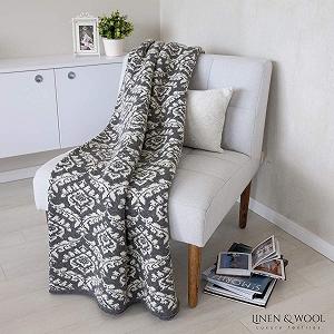 В'язаний плед Linen & Cotton Caressa Дамаск Жакард Вовна, Сіро-білий, 135 x 180 см synthetic.ua - Фото 1