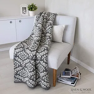 Вязаный плед Linen & Cotton Caressa Дамаск Жаккард Шерсть, Серо-белый, 135 x 180 см synthetic.ua - Фото 1